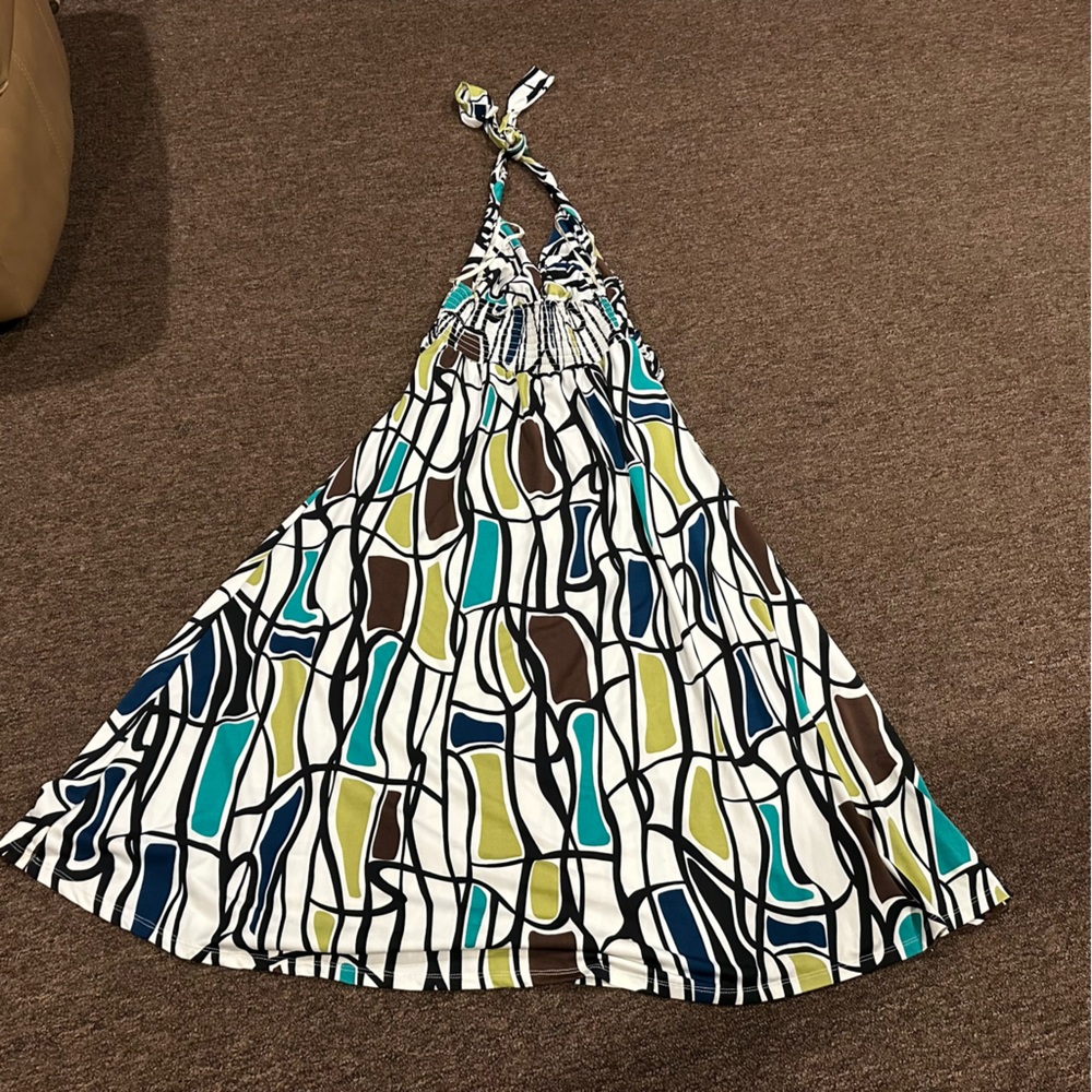 EUC! Vasana Retro Geometric Halter Sundress in Teal, Navy & Olive